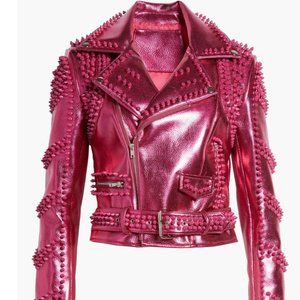 AZALEA WANG PINK Spike Metallic Belted Faux Leather Moto Jacket MEDIUM
